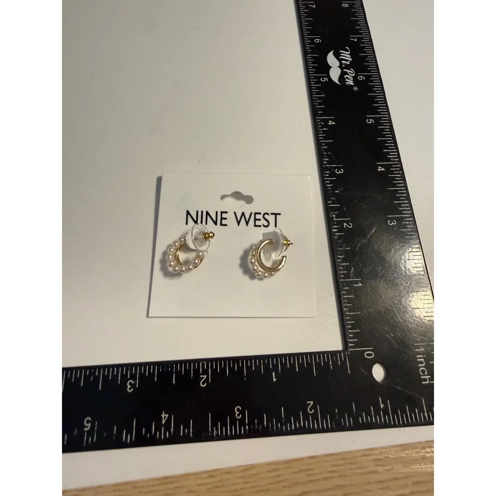 Nine West Gold Tone Faux Pearl Double Row Hoop Earrings New 60569848
